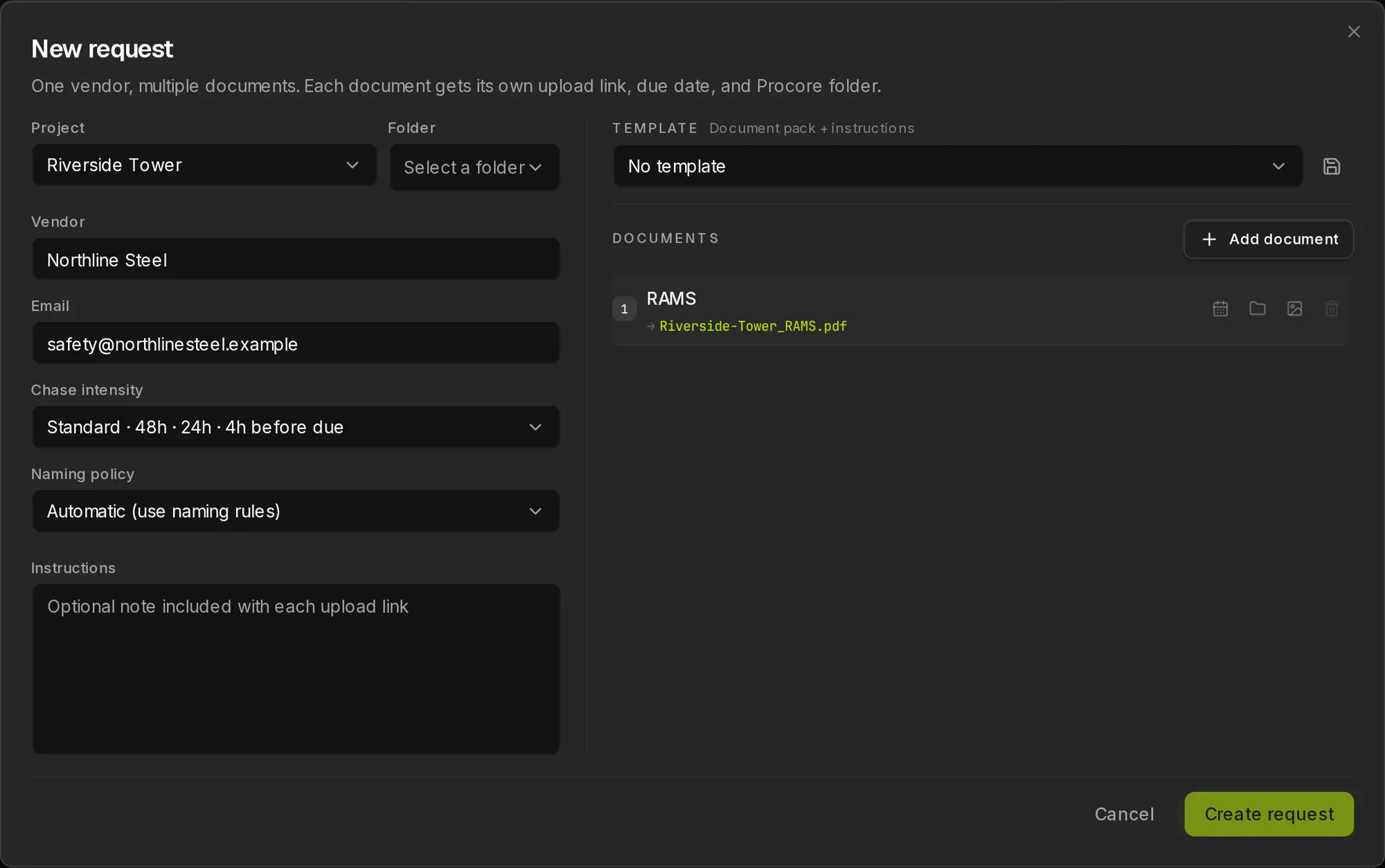 The LINTEL new request dialog with project, folder, vendor, and naming policy selected, and the computed filename previewed.