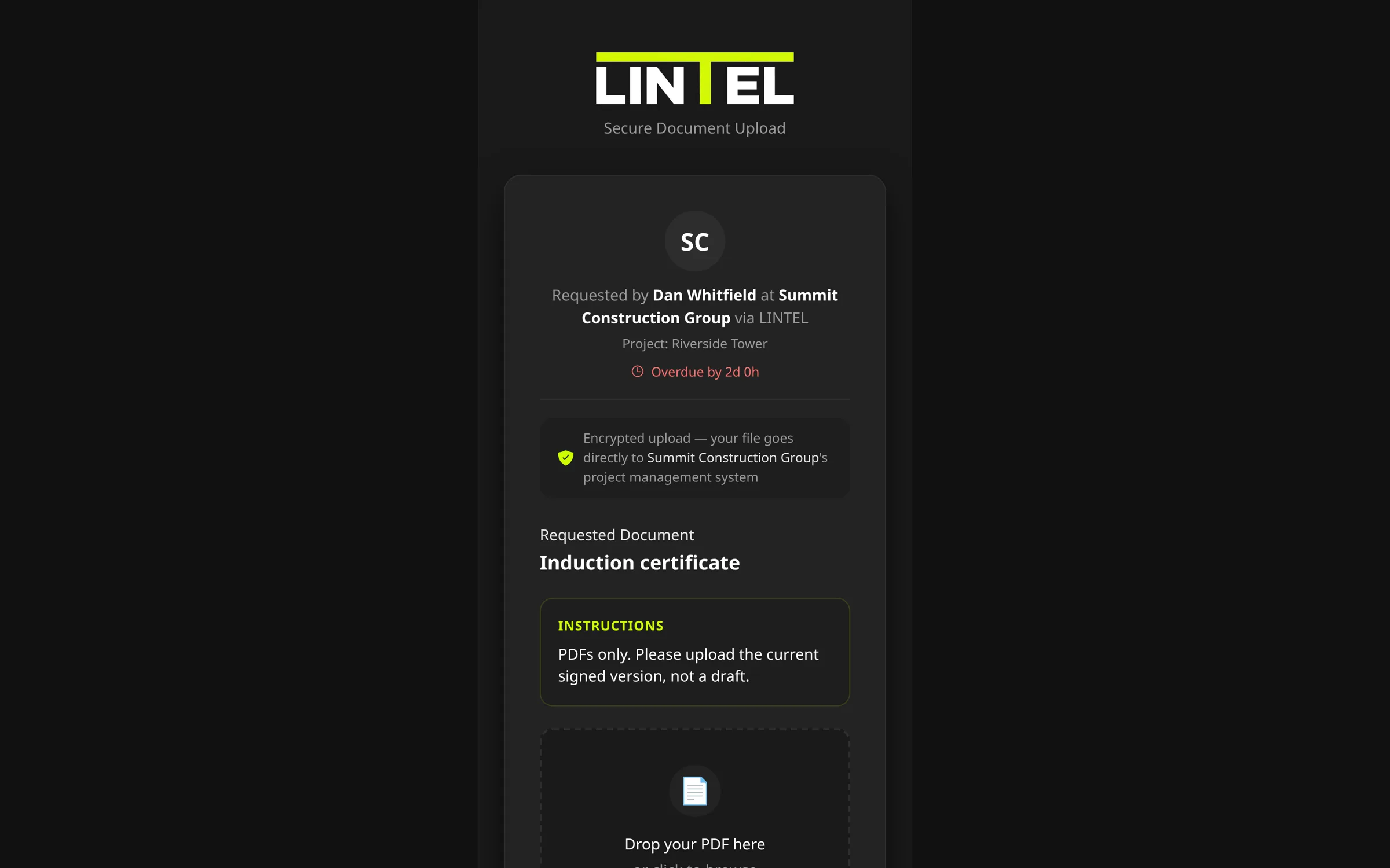 The LINTEL upload link on a phone, showing who requested the document, the project, the due date, the requested document, and a drop area for the PDF.